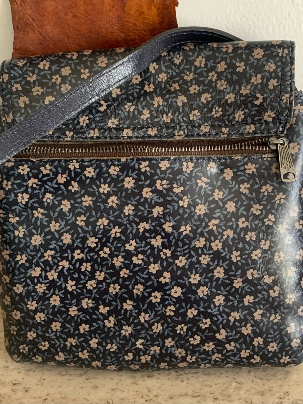 Patricia Nash Navy Crossbody with Pale Pink Floral Print